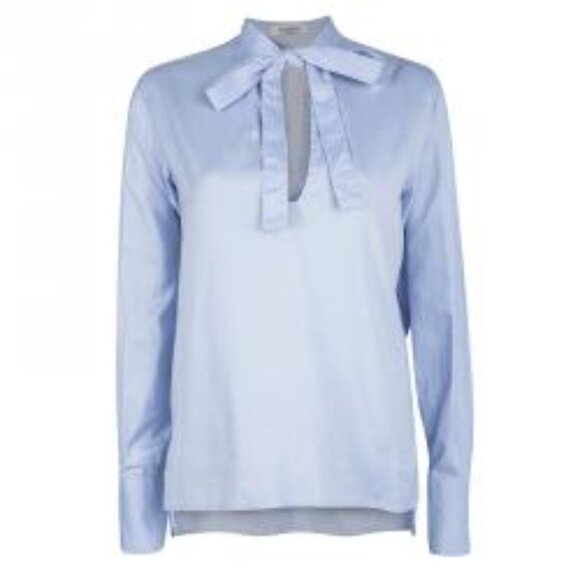 Valentino S.p.A Soft Powder Blue Chambray Long Sleeve Bow Blouse, Size 4 - Picture 2 of 10